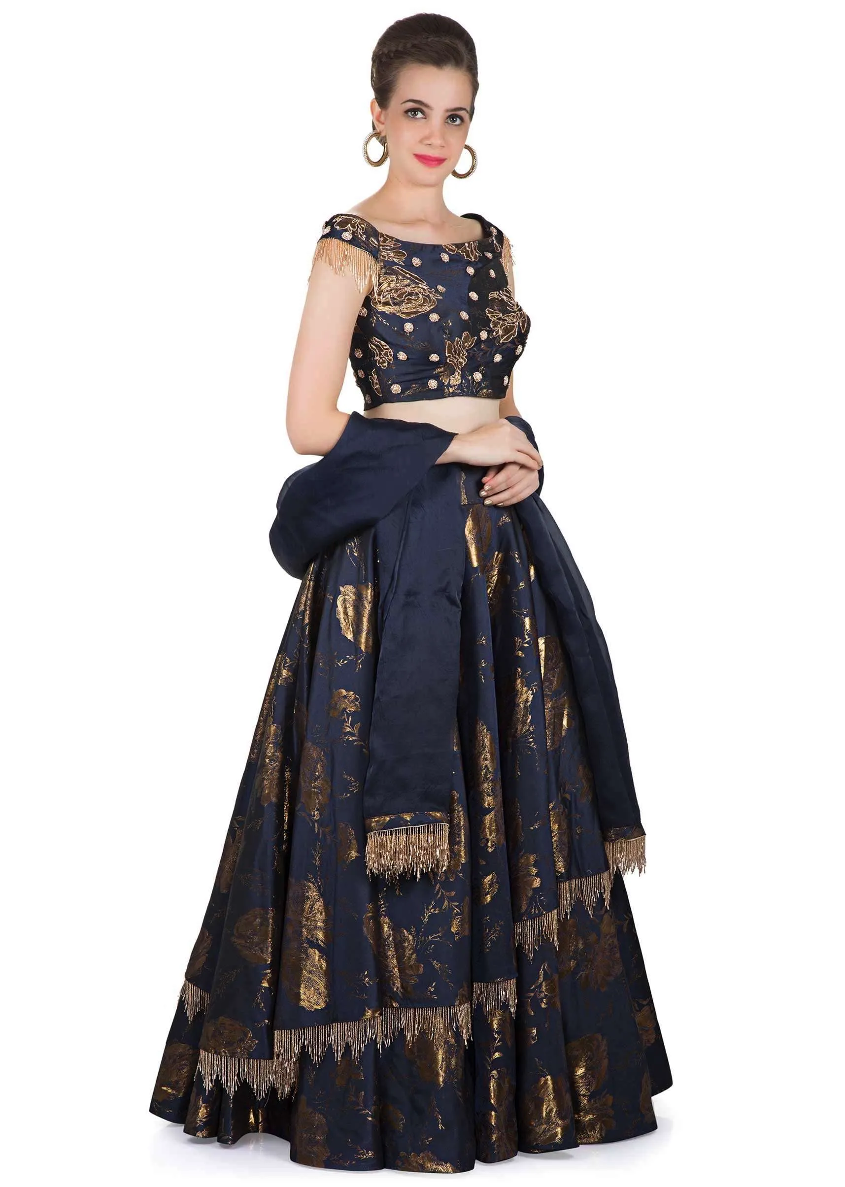 Navy Blue Silk Top, Dupatta and Skirt Featuring Foil Print, Embroidered Butti and Tassels only on Kalki