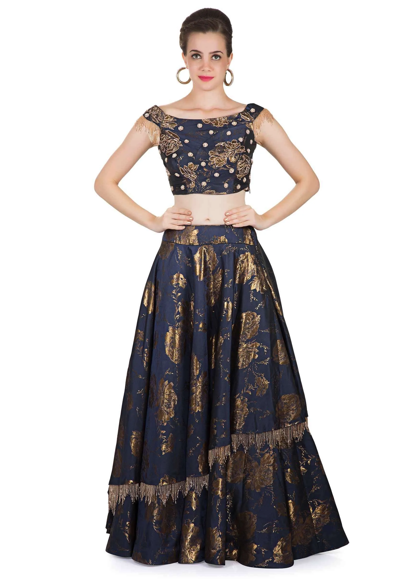 Navy Blue Silk Top, Dupatta and Skirt Featuring Foil Print, Embroidered Butti and Tassels only on Kalki
