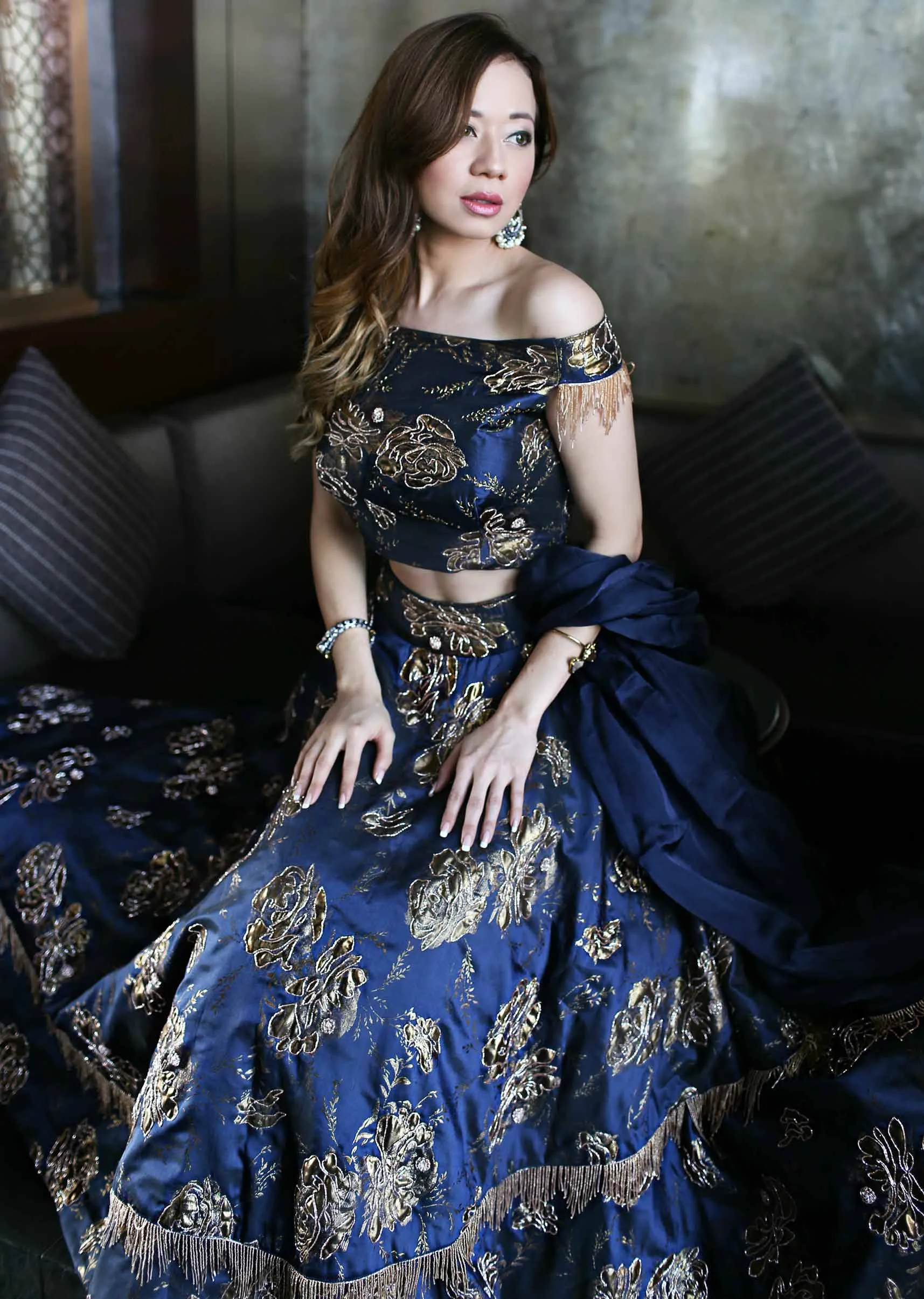 Navy Blue Silk Top, Dupatta and Skirt Featuring Foil Print, Embroidered Butti and Tassels only on Kalki