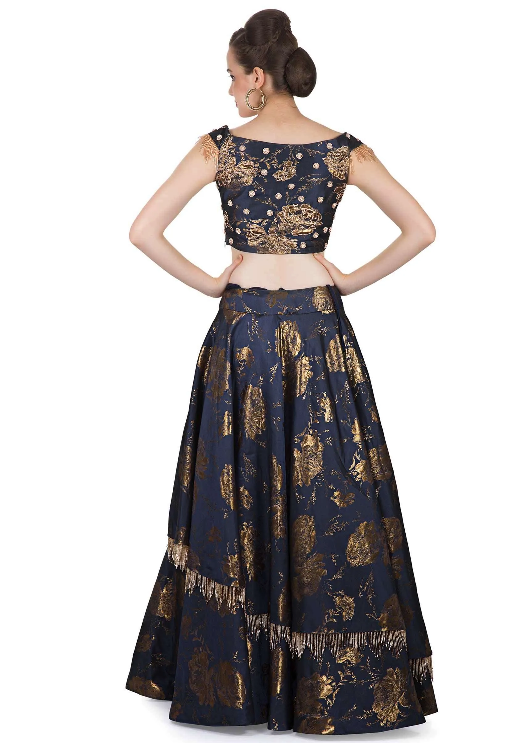 Navy Blue Silk Top, Dupatta and Skirt Featuring Foil Print, Embroidered Butti and Tassels only on Kalki