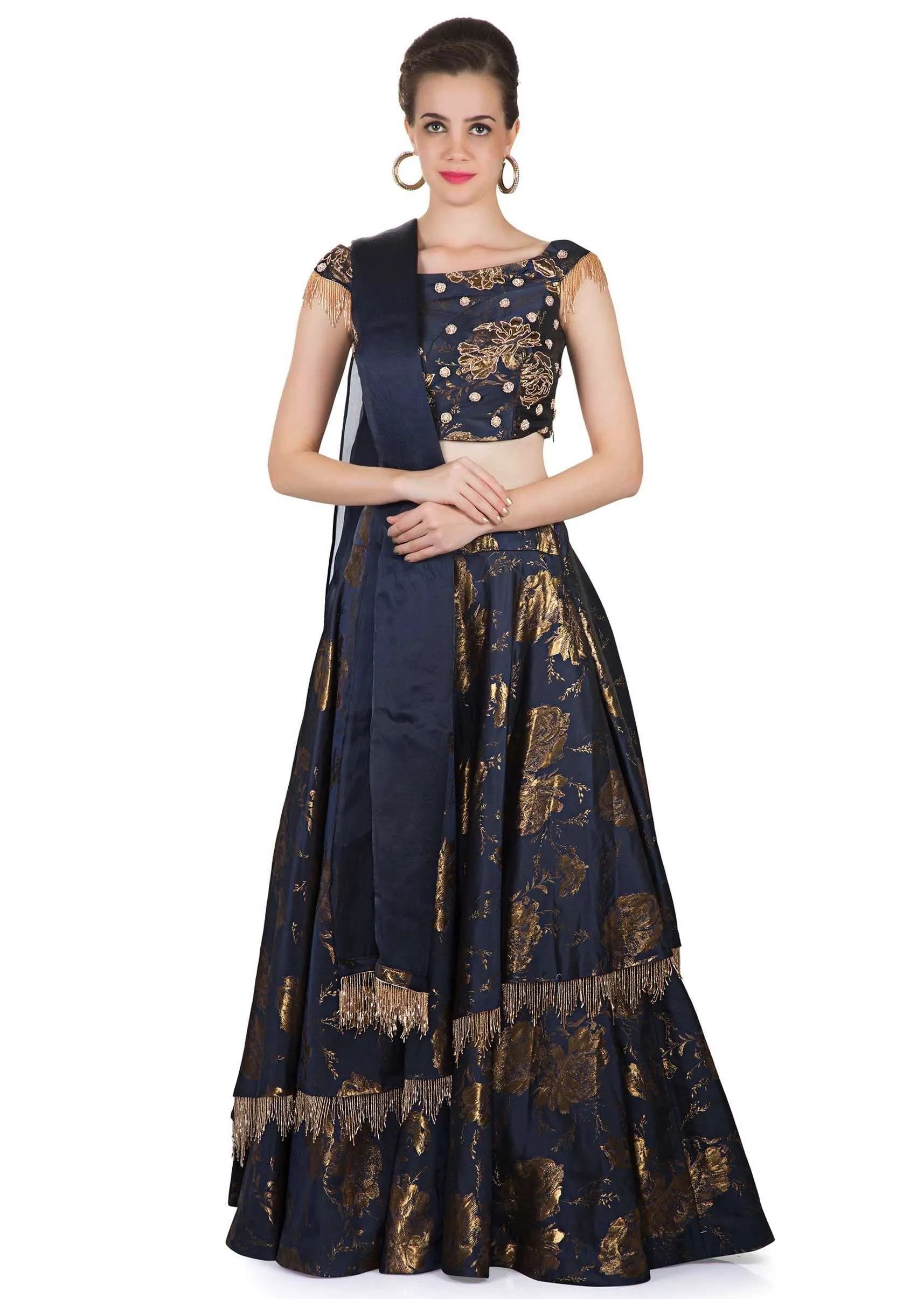 Navy Blue Silk Top, Dupatta and Skirt Featuring Foil Print, Embroidered Butti and Tassels only on Kalki