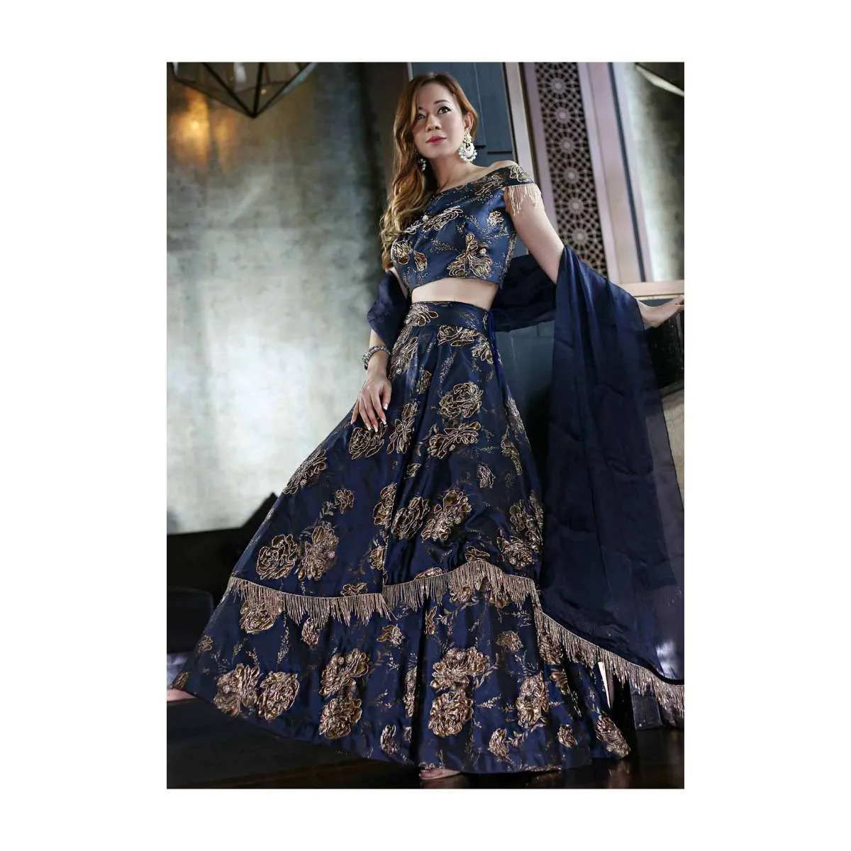 Navy Blue Silk Top, Dupatta and Skirt Featuring Foil Print, Embroidered Butti and Tassels only on Kalki