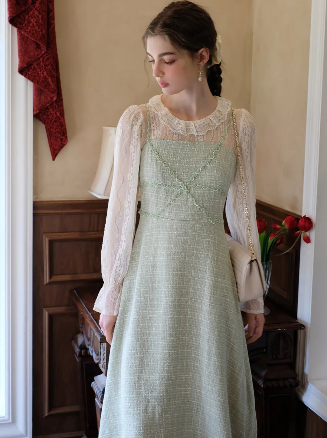 Pearl Suspender French Lace Skirt Shirt   Long