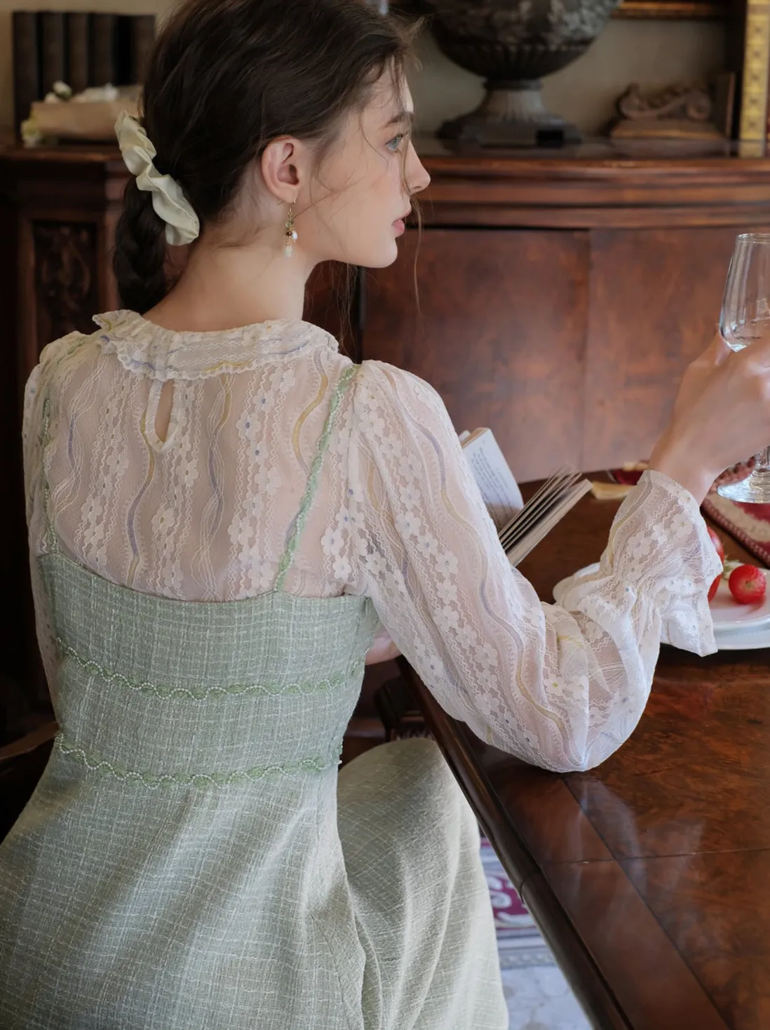 Pearl Suspender French Lace Skirt Shirt   Long