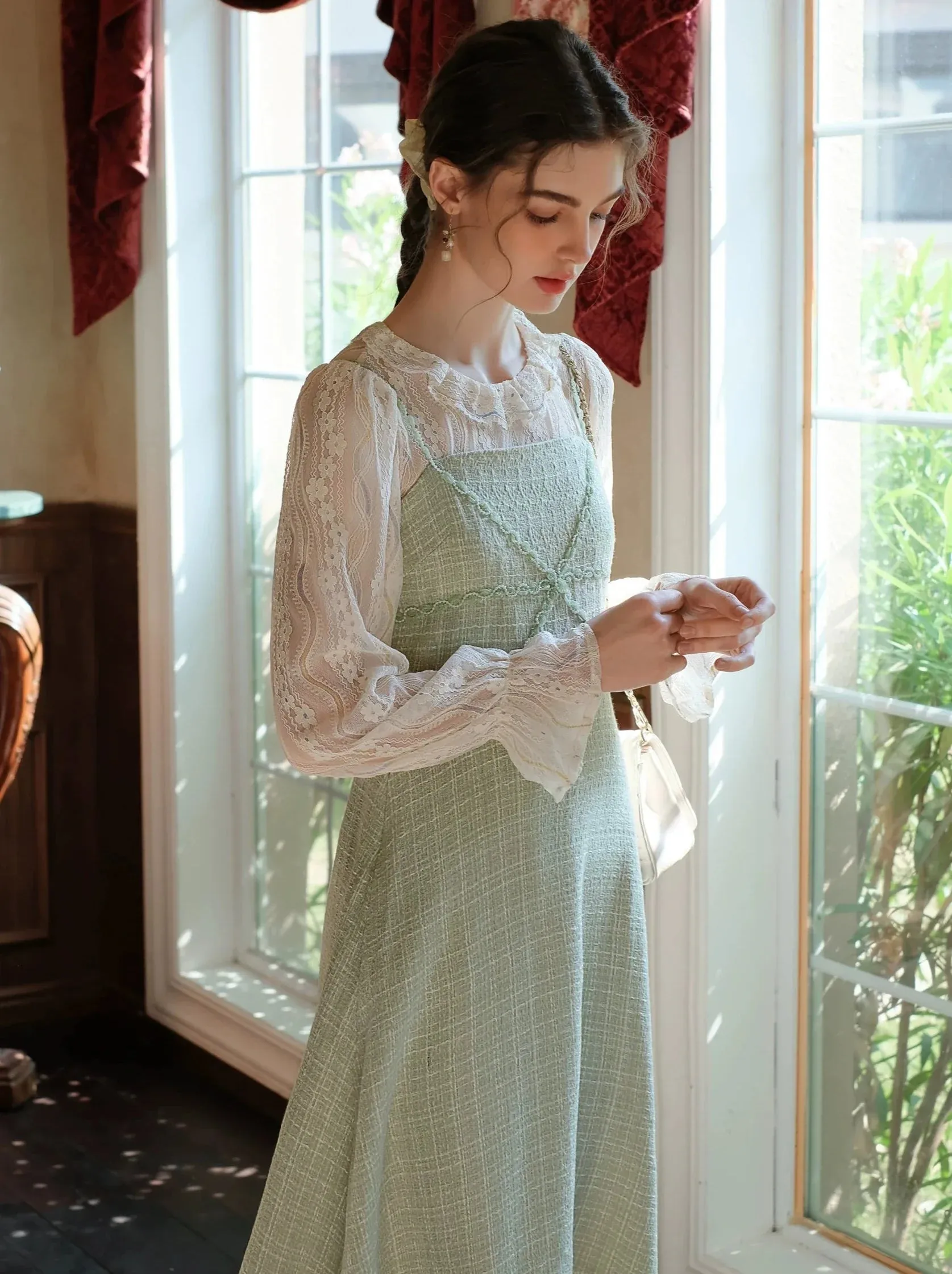 Pearl Suspender French Lace Skirt Shirt   Long