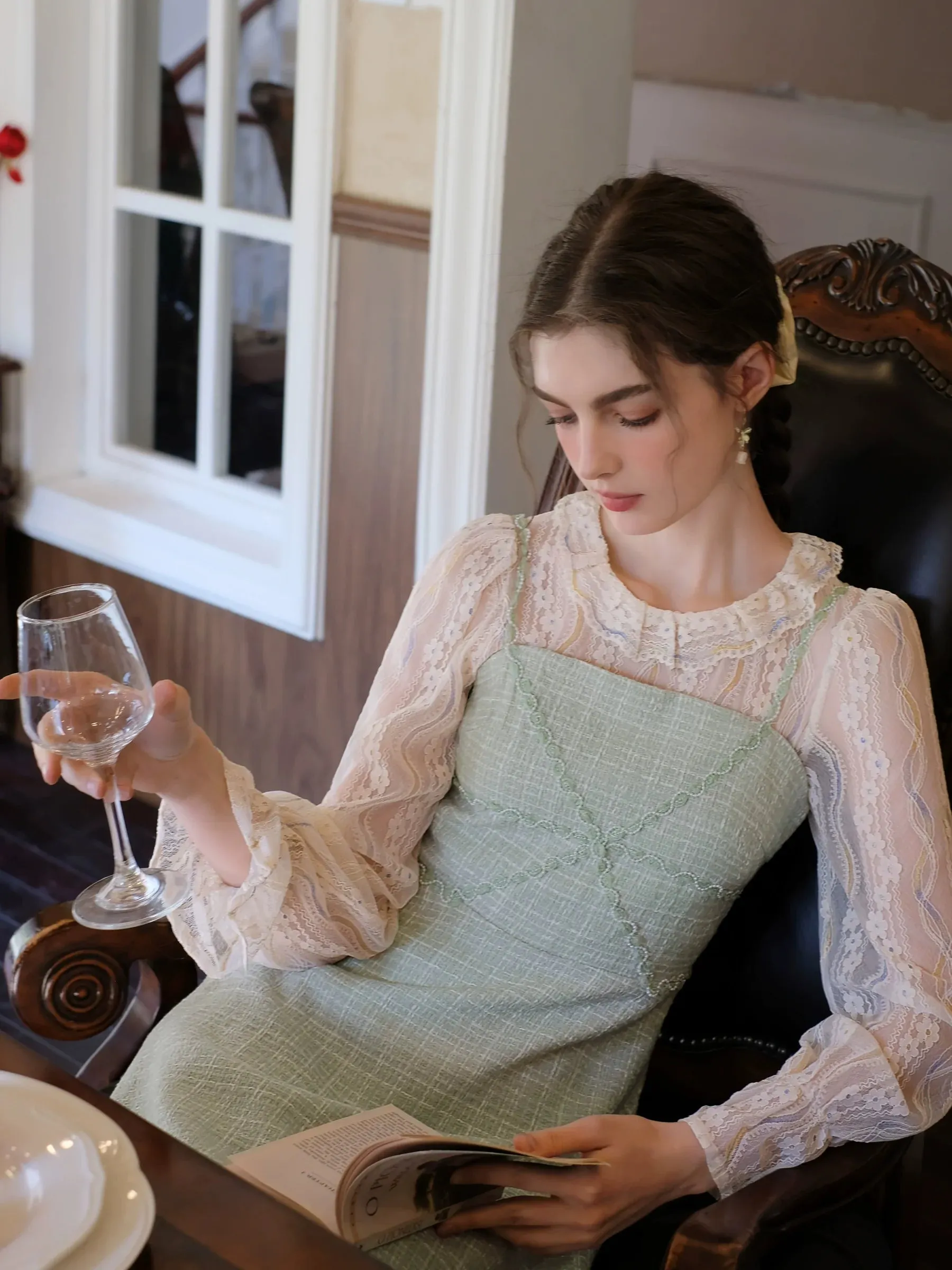 Pearl Suspender French Lace Skirt Shirt   Long