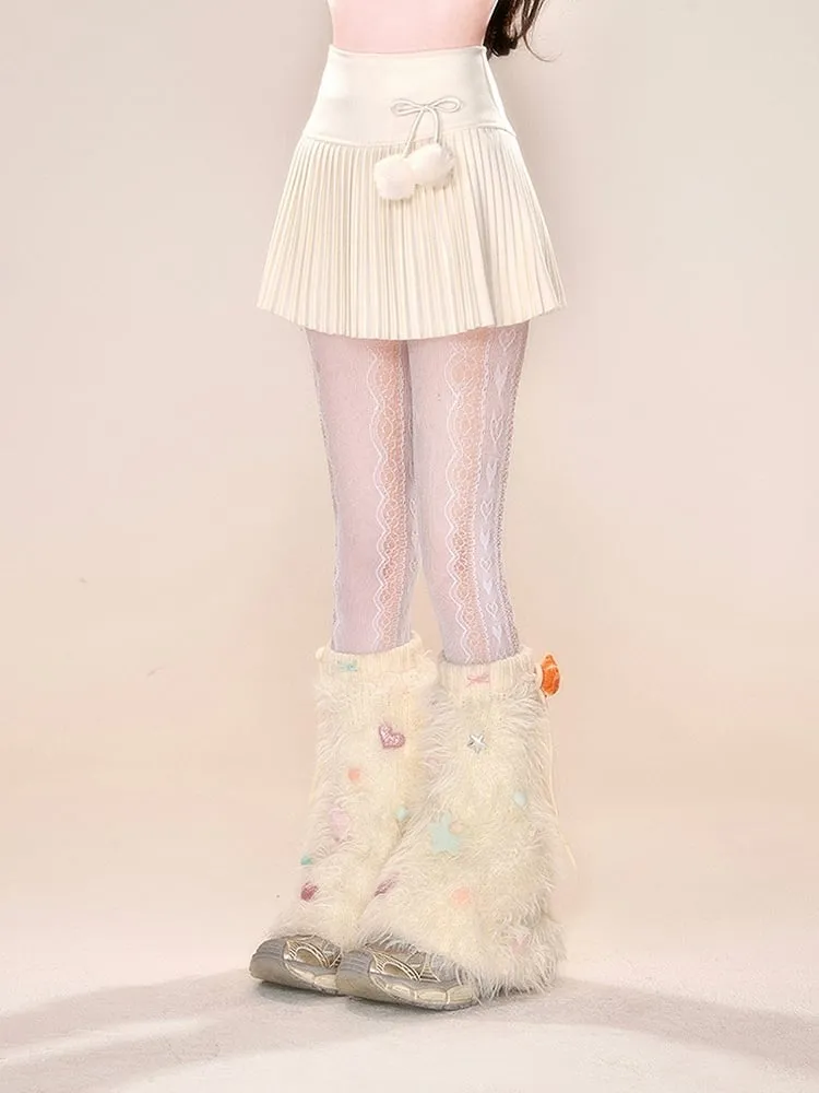 Pleated Skirt with Detachable Pompoms Decorated Bowknot