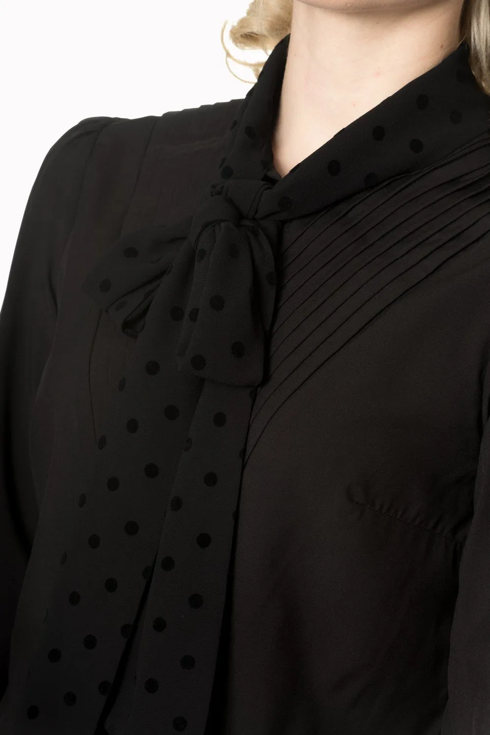 Plus size Women 50s Vintage Inspired Black Chiffon Long Sleeve Tie Neck Long Sleeve Blouse