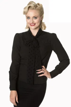 Plus size Women 50s Vintage Inspired Black Chiffon Long Sleeve Tie Neck Long Sleeve Blouse