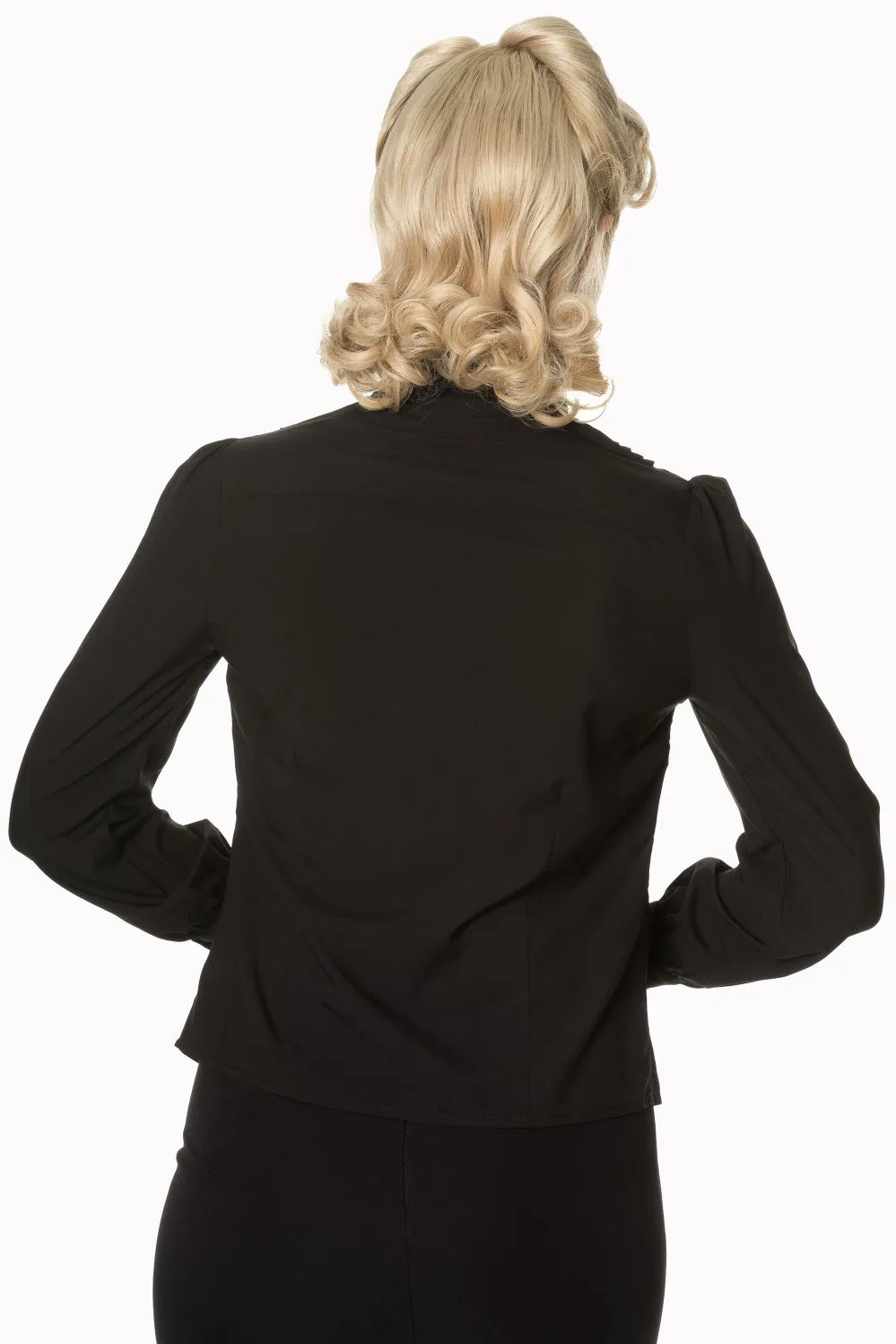 Plus size Women 50s Vintage Inspired Black Chiffon Long Sleeve Tie Neck Long Sleeve Blouse