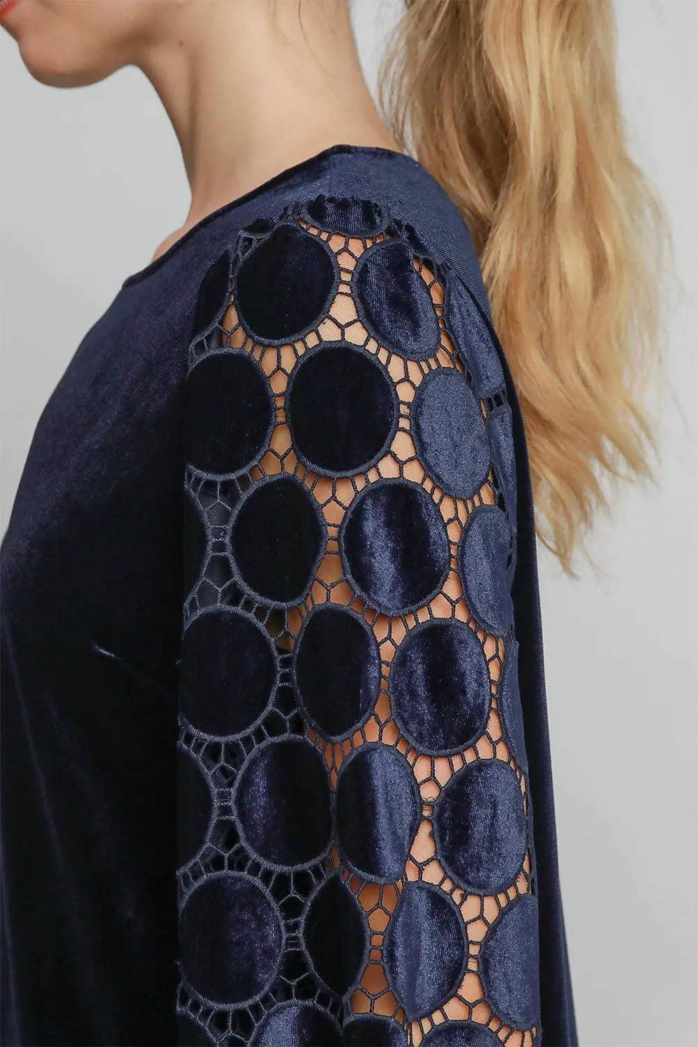 Polka Dot Lace Long Sleeve Round Neck Blouse