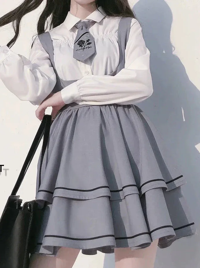 Puff Skirt Tutu Shirt Set Berry   Tie Cake Wild Sleeve Shirt Sleeve Suspender Long