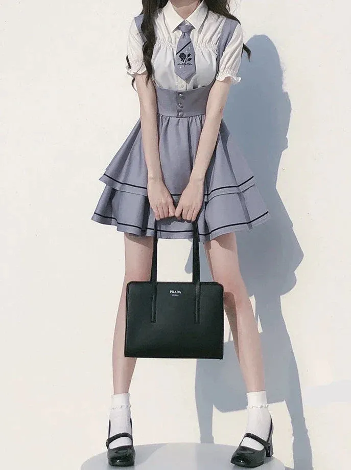 Puff Skirt Tutu Shirt Set Berry   Tie Cake Wild Sleeve Shirt Sleeve Suspender Long