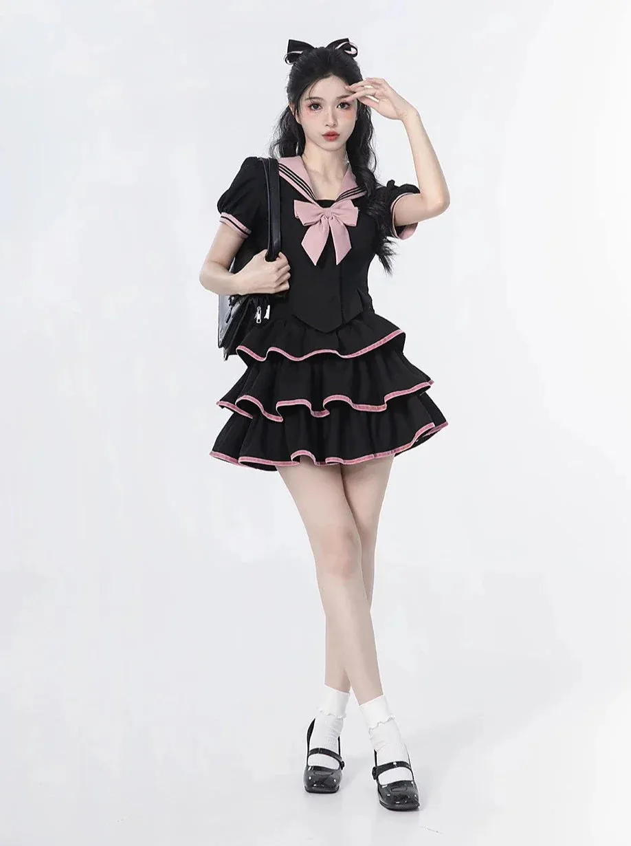 Sailor Flared   Skirt Waist Puff Ribbon Cake Top   Sleeve Neck