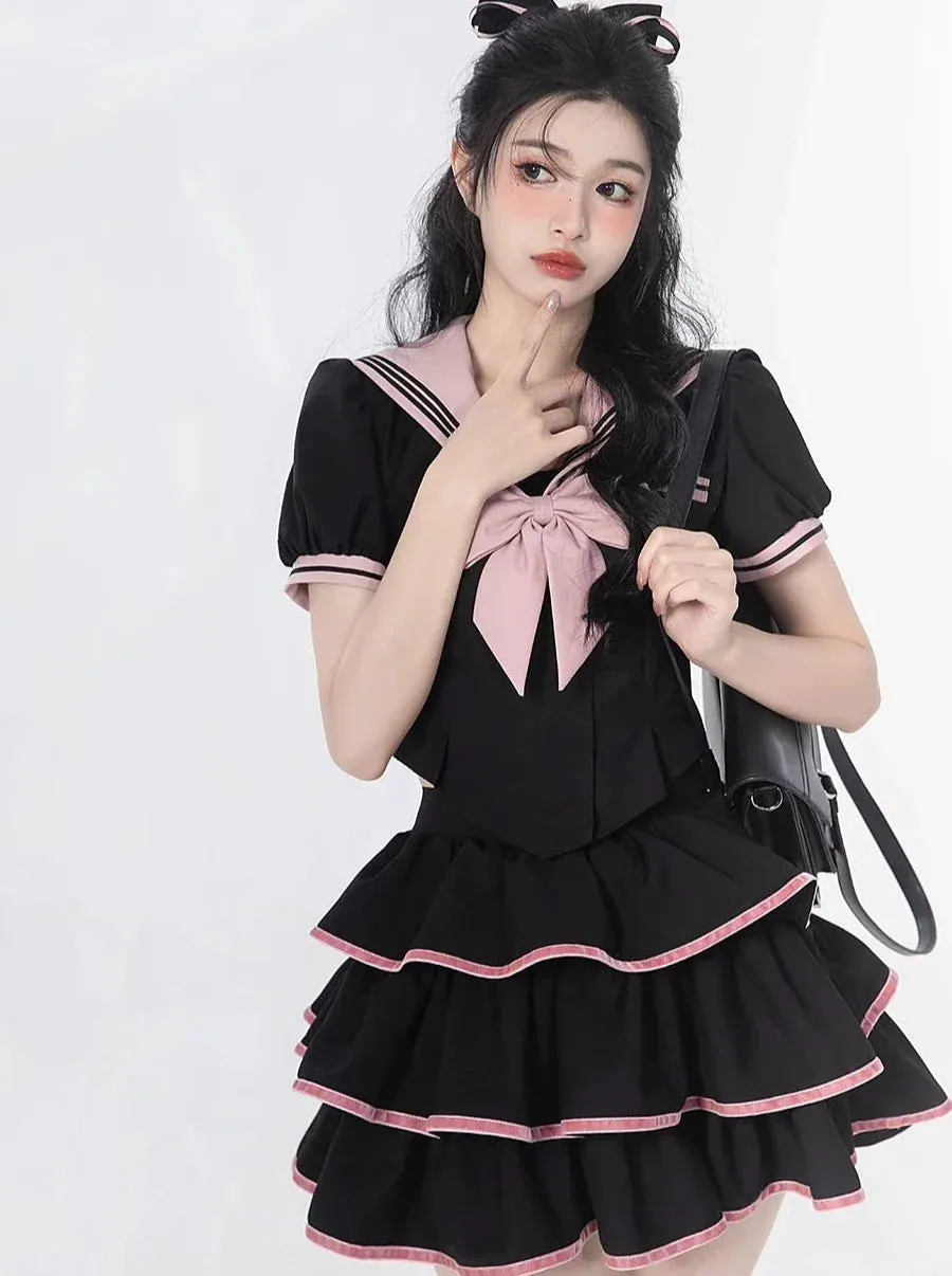 Sailor Flared   Skirt Waist Puff Ribbon Cake Top   Sleeve Neck