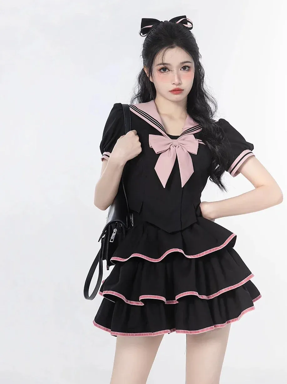 Sailor Flared   Skirt Waist Puff Ribbon Cake Top   Sleeve Neck