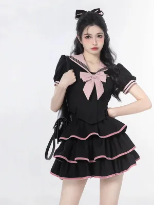 Sailor Flared   Skirt Waist Puff Ribbon Cake Top   Sleeve Neck