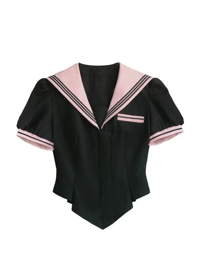 Sailor Flared   Skirt Waist Puff Ribbon Cake Top   Sleeve Neck