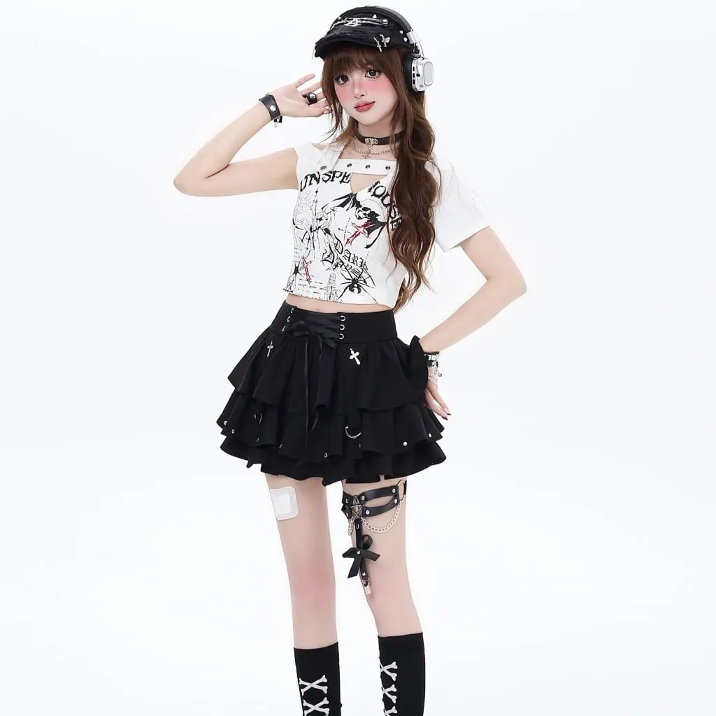 Summer Punk Aesthetics Straps High Waist Cake Skirt