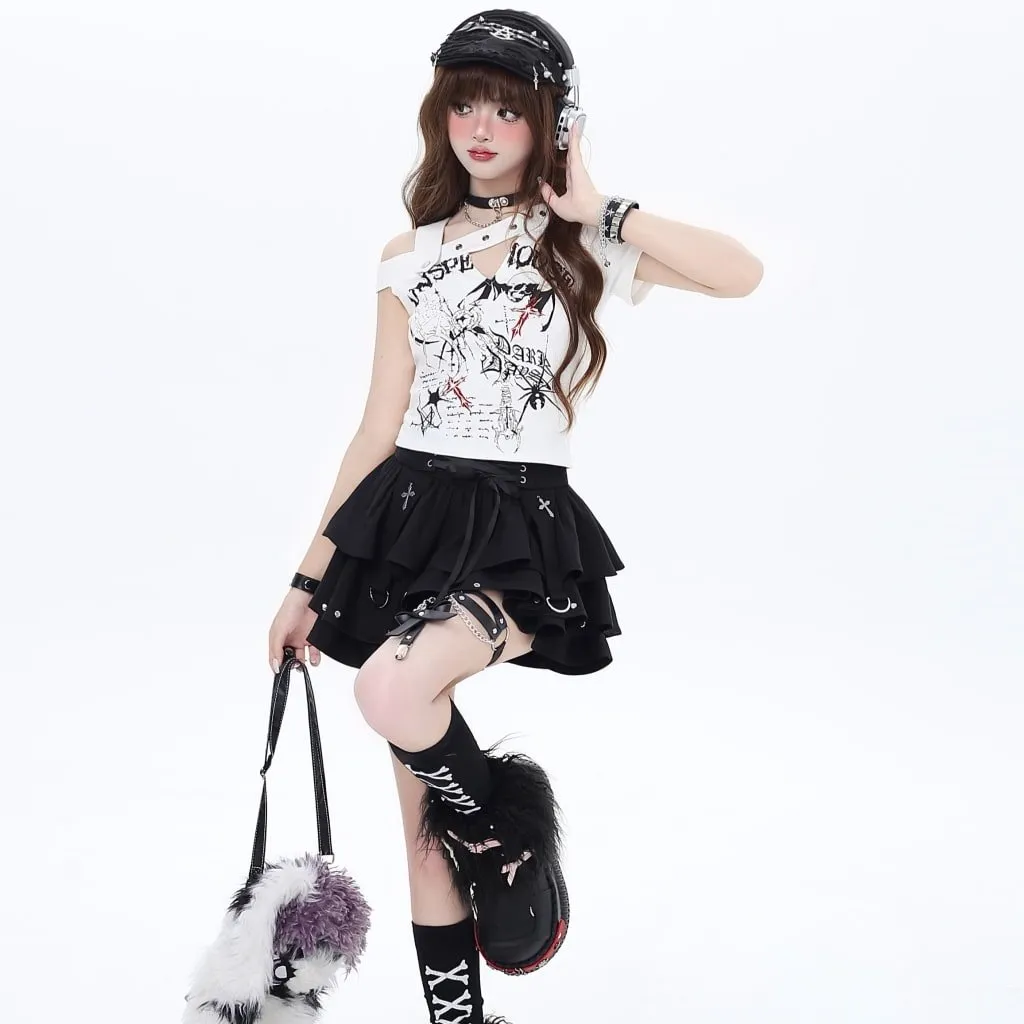 Summer Punk Aesthetics Straps High Waist Cake Skirt