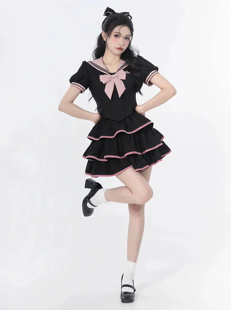 Top Sailor Flared Ribbon Cake   Puff Neck   Sleeve Skirt Waist
