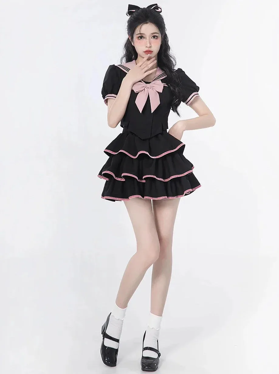 Top Sailor Flared Ribbon Cake   Puff Neck   Sleeve Skirt Waist