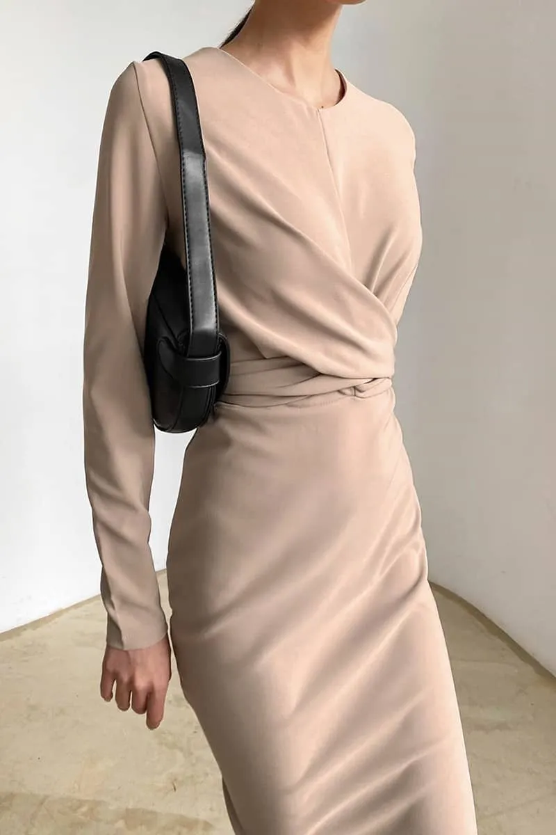 Women's round neck waist long sleeve dress