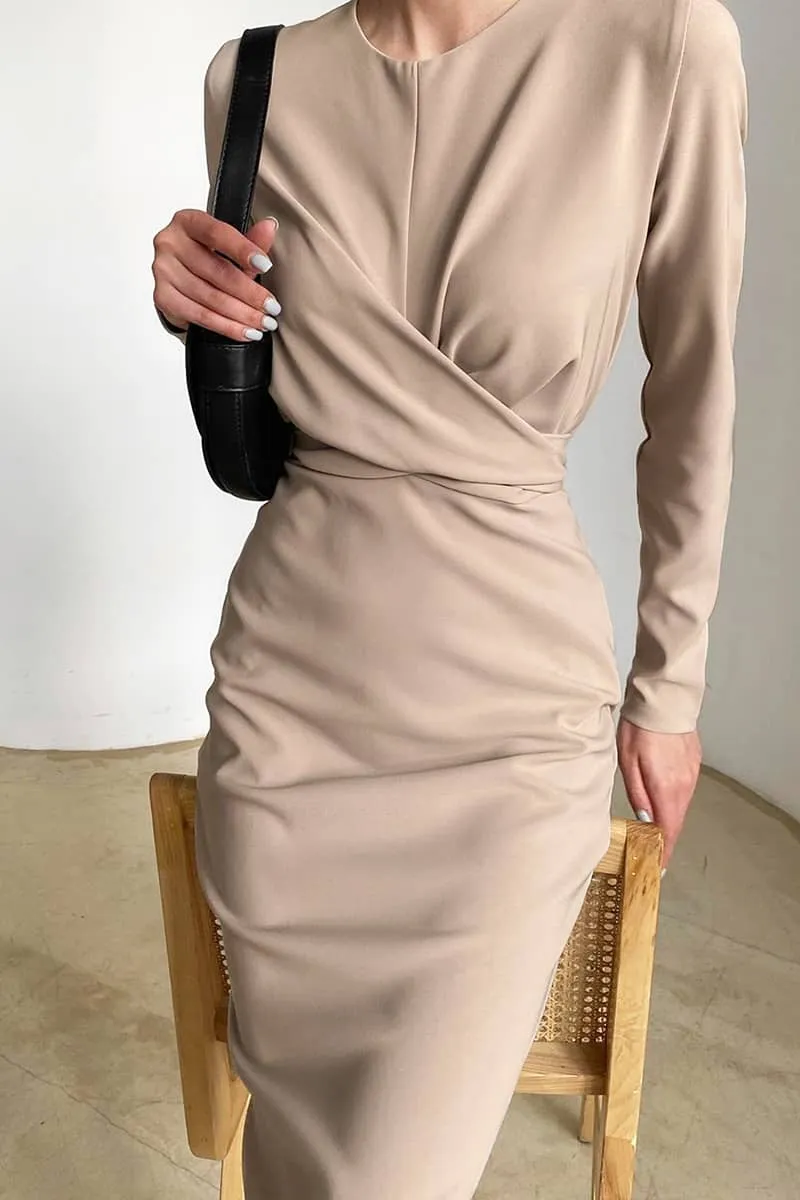 Women's round neck waist long sleeve dress