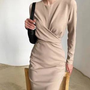 Women's round neck waist long sleeve dress