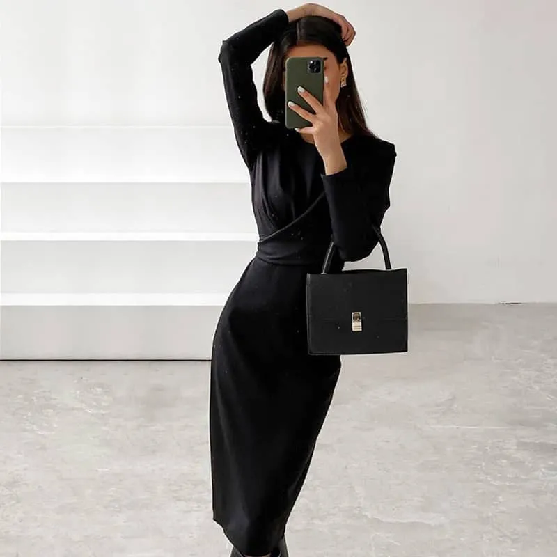 Women's round neck waist long sleeve dress